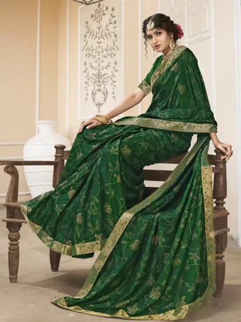 

Satrani Green & Gold-Toned Floral Zari Saree