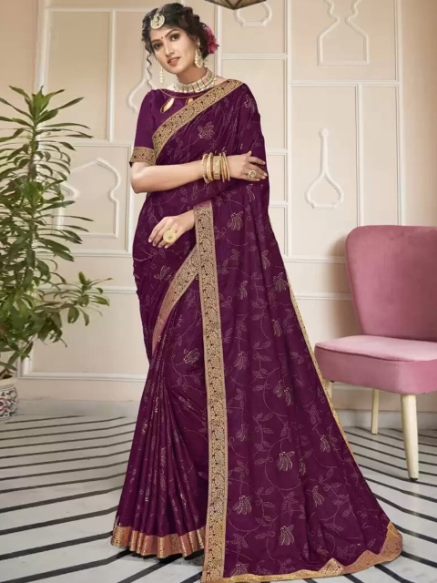 

Satrani Purple & Gold-Toned Ethnic Motifs Mukaish Saree