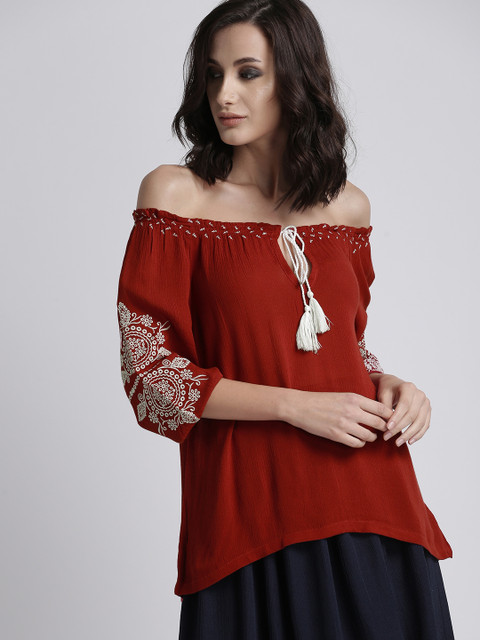 

Chemistry Women Rust Red Embroidered A-Line Top