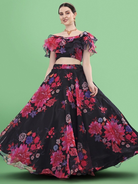 

Ethnic Yard Black & Red Printed Semi-Stitched Lehenga & Unstitched Blouse and Dupatta