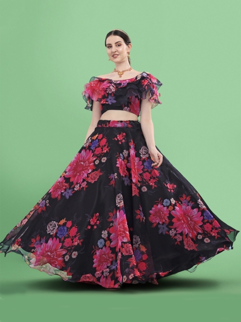 

YOYO Fashion Black & Pink Printed Semi-Stitched Lehenga & Unstitched Choli