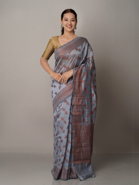 

Unnati Silks Grey & Brown Ethnic Motifs Zari Silk Cotton Chanderi Saree