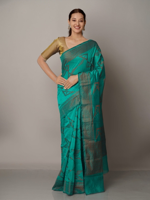 

Unnati Silks Green & Copper-Toned Ethnic Motifs Zari Silk Cotton Chanderi Saree