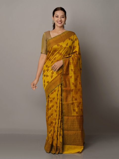 

Unnati Silks Mustard & Gold-Toned Ethnic Motifs Zari Silk Cotton Chanderi Saree