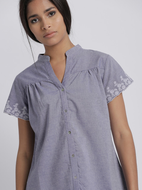 

Chemistry Women Blue Shirt Style Pure Cotton Top with Embroidered Detail