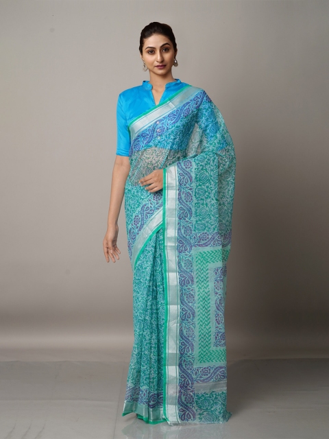 

Unnati Silks Blue & Green Ethnic Motifs Zari Pure Cotton Kota Saree