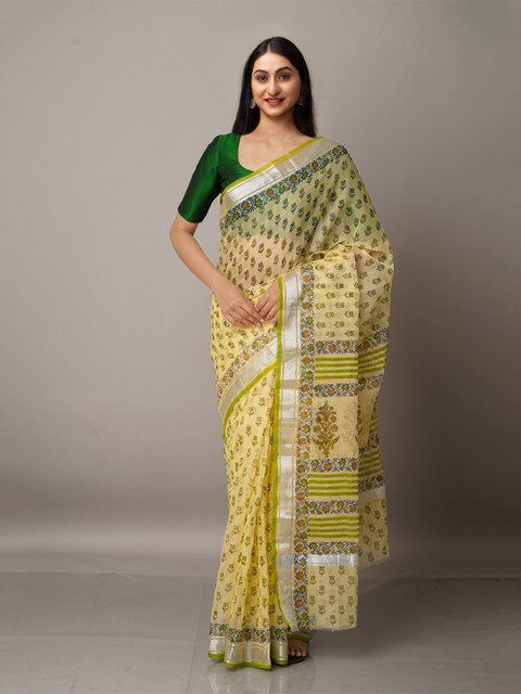 

Unnati Silks Cream-Coloured & Green Ethnic Motifs Pure Cotton Kota Saree