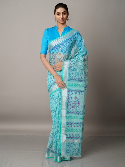 

Unnati Silks Blue & Silver-Toned Ethnic Motifs Zari Pure Cotton Kota Saree