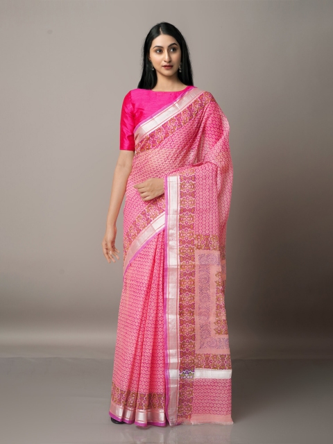 

Unnati Silks Pink & Silver-Toned Ethnic Motifs Zari Pure Cotton Kota Saree