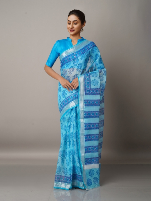 

Unnati Silks Blue & Silver-Toned Ethnic Motifs Zari Pure Cotton Kota Saree