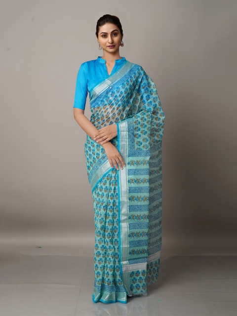 

Unnati Silks Blue & Silver-Toned Ethnic Motifs Zari Pure Cotton Kota Saree