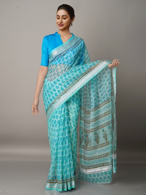 

Unnati Silks Blue & Silver-Toned Ethnic Motifs Zari Pure Cotton Kota Saree