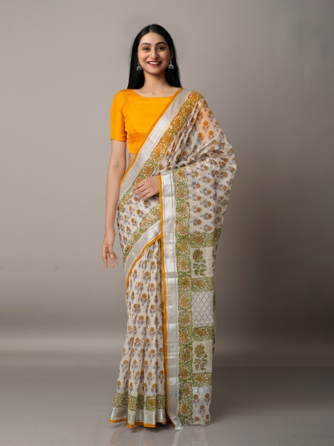 

Unnati Silks Cream-Coloured & Green Floral Zari Pure Cotton Kota Saree