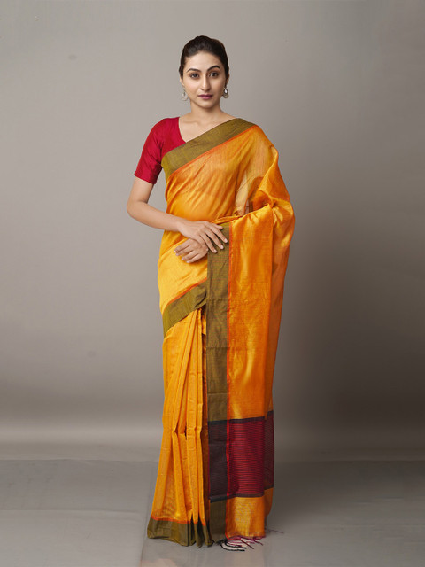 

Unnati Silks Orange And Green Solid Zari Border Chanderi Saree