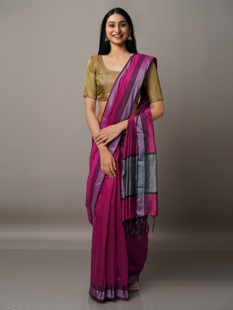 

Unnati Silks Purple & Silver-Toned Zari Silk Cotton Chanderi Saree