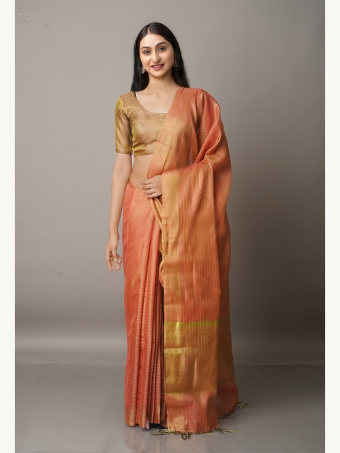 

Unnati Silks Orange & Gold-Toned Striped Zari Silk Cotton Chanderi Saree