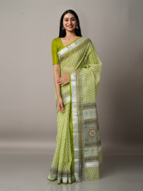 

Unnati Silks Green & Silver-Toned Ethnic Motifs Zari Pure Cotton Kota Saree