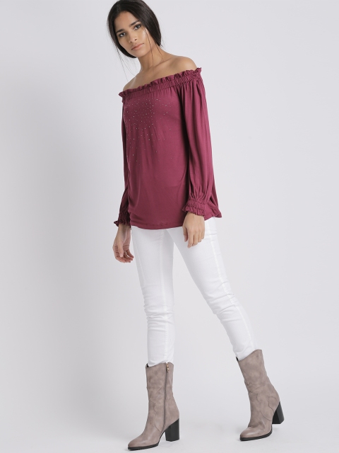 

Chemistry Women Burgundy Embellished Bardot Top