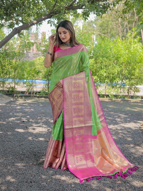 

Mitera Green & Pink Woven Design Zari Silk Blend Kanjeevaram Saree