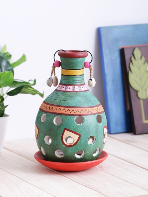 

VarEesha Green & Orange Terracotta Round Bottle Tea Light with Plate