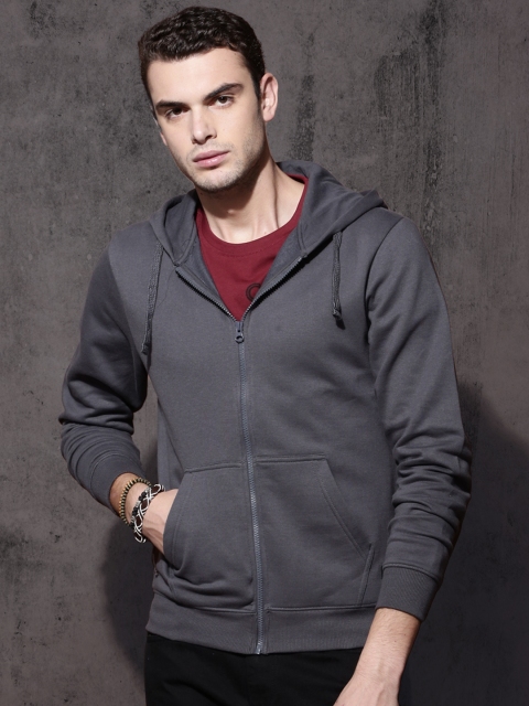 

Roadster Men Charcoal Grey Solid Hooded Sweatshirt