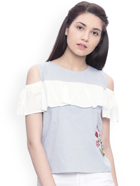

EVAH LONDON Women Blue & White Striped Pure Cotton Top
