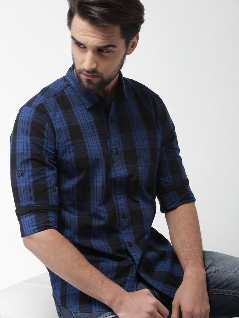 

HIGHLANDER Men Navy Blue Slim Fit Checked Casual Shirt