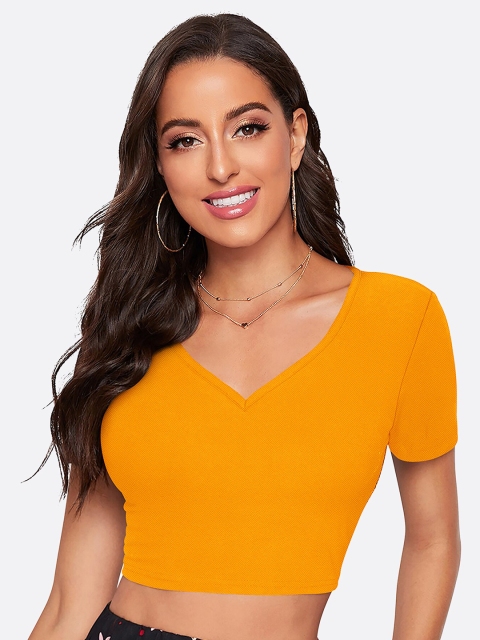 

LONDON BELLY Women Yellow Solid V-Neck Crop Polyester Top