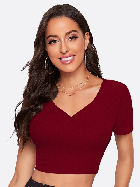 

LONDON BELLY Women Maroon Solid V-Neck Crop Polyester Top