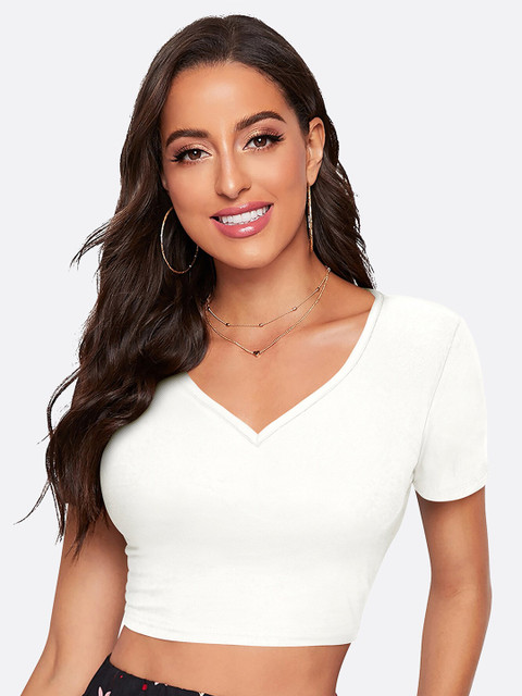 

LONDON BELLY Women White Solid V-Neck Crop Top