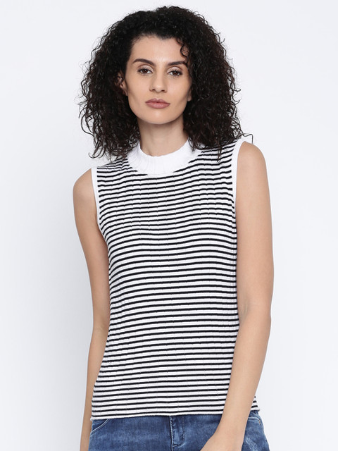 

United Colors of Benetton Women White & Black Striped Pure Cotton Top