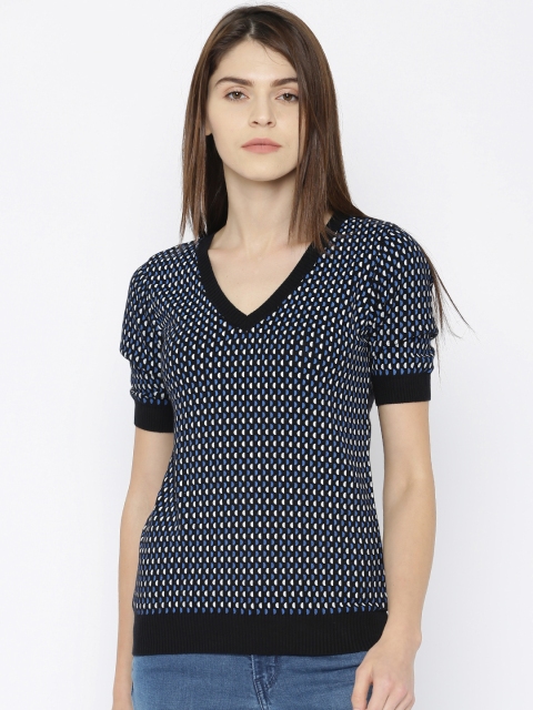 

United Colors of Benetton Women Black & Blue Printed Pullover
