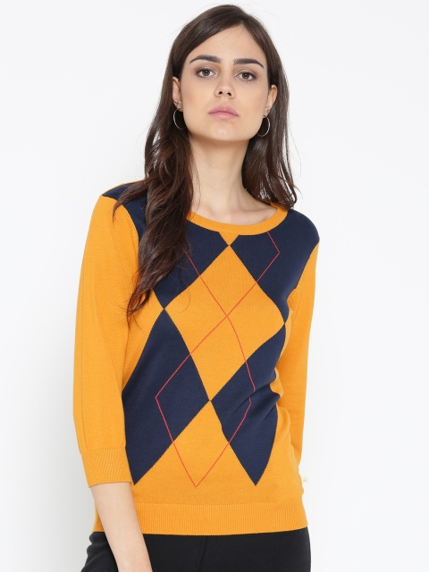 

United Colors of Benetton Women Yellow & Navy Self-Design Sweater
