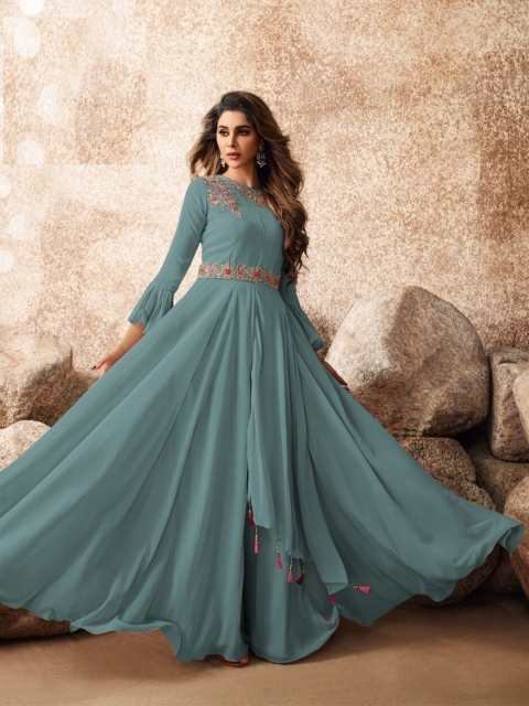

APNISHA Women Teal Embroidered Georgette Maxi Dress