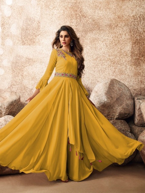 

APNISHA Women Yellow Embroidered Georgette Maxi Dress