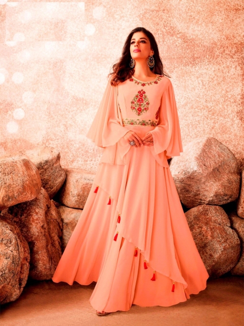 

APNISHA Women Orange Floral Embroidered Georgette Maxi Dress