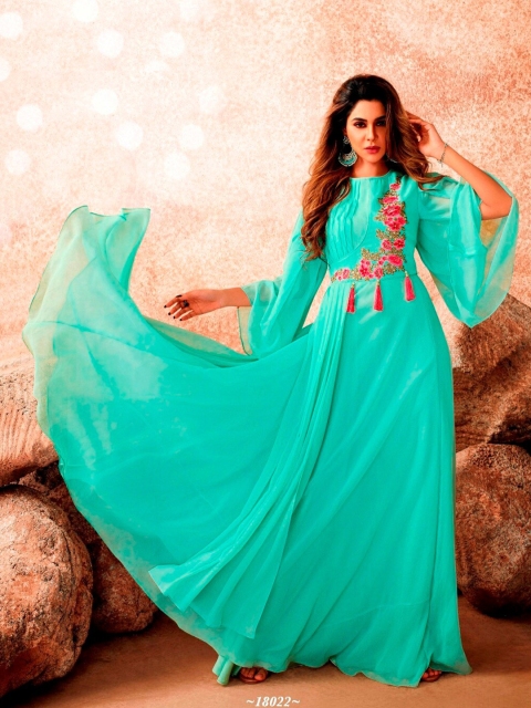

APNISHA Women Teal Floral Embroidered Georgette Maxi Dress
