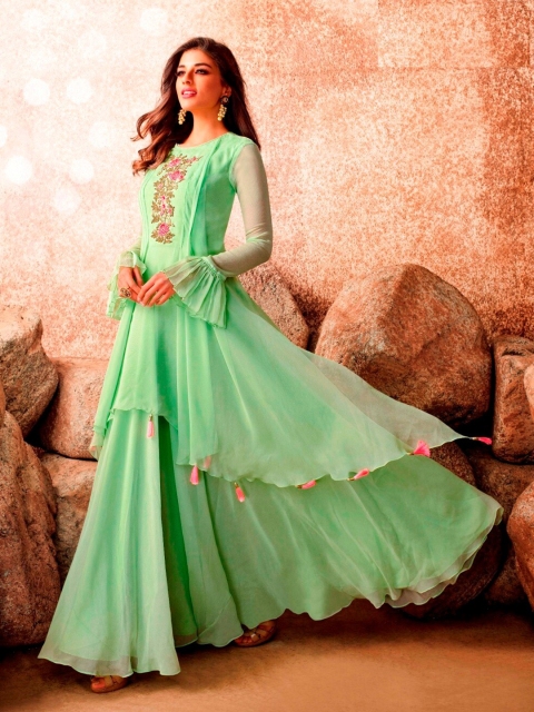 

APNISHA Women Green Floral Embroidered Georgette Maxi Dress