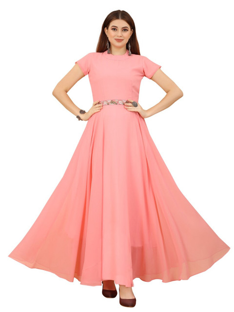 

APNISHA Women Peach-Coloured Solid Georgette Maxi Dress