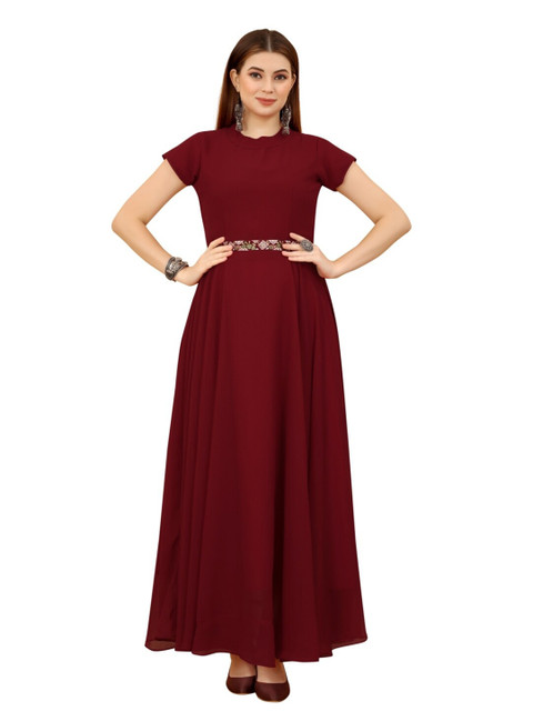 

APNISHA Women Maroon Solid Georgette Maxi Dress
