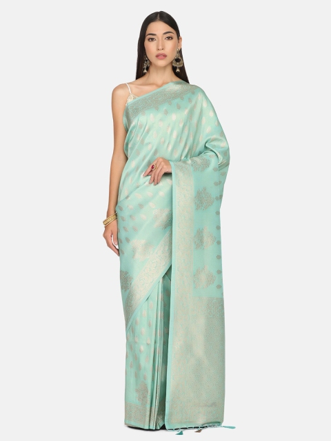 

BOMBAY SELECTIONS Sea Green & Gold-Toned Ethnic Motifs Zari Pure Silk Banarasi Saree