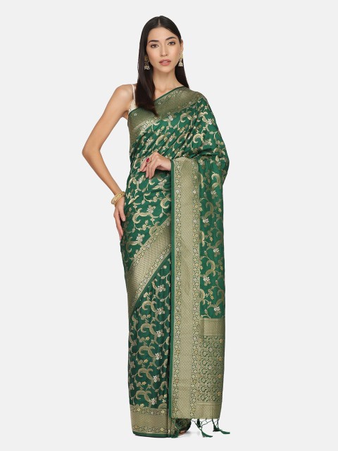 

BOMBAY SELECTIONS Green & Gold-Toned Woven Design Zari Art Silk Banarasi Saree