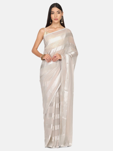 

BOMBAY SELECTIONS Grey & Silver-Toned Striped Brocade Saree