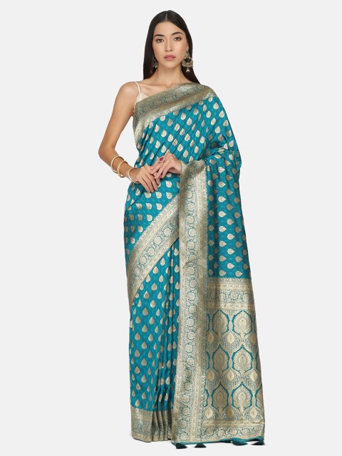 

BOMBAY SELECTIONS Blue & Gold-Toned Woven Design Zari Art Silk Banarasi Saree