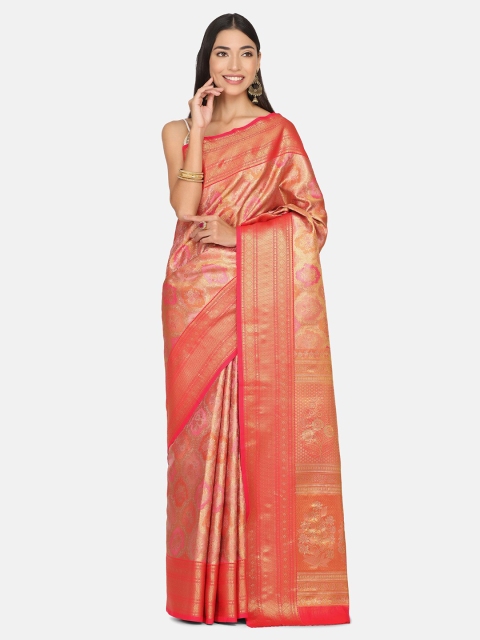 

BOMBAY SELECTIONS Pink & Gold-Toned Woven Design Zari Pure Silk Kanjeevaram Saree