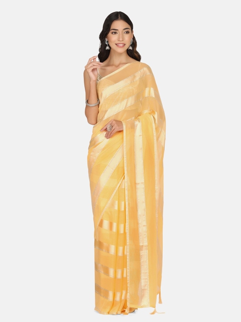 

BOMBAY SELECTIONS Yellow & Gold-Toned Striped Brocade Saree