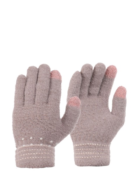 

ELLIS Women Brown Embroidered & Pearl Knitted Gloves