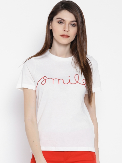 

Vero Moda Women Off-White Self Design Round Neck T-shirt
