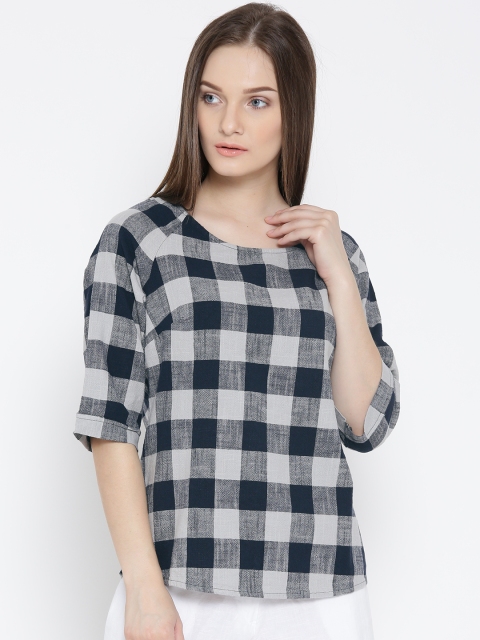 

Vero Moda Women Grey & Navy Checked Pure Cotton Top