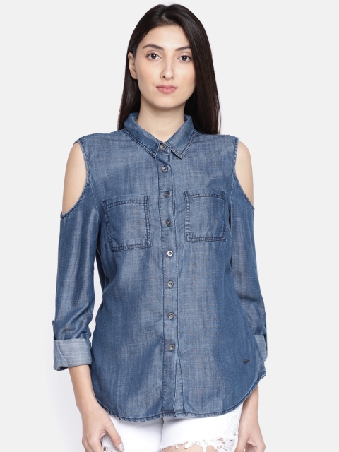 

Vero Moda Women Blue Regular Fit Faded Cold-shoulder Casual Shirt